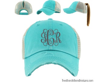 Sombrero de cola de caballo de malla desgastada con monograma para adultos, sombrero de cola de caballo con monograma, sombrero de cola de caballo, sombrero de playa, sombrero de lago, regalos para ella, accesorios con monograma