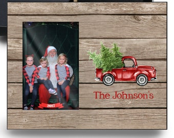 Personalized Christmas Picture Frame, RED TRUCK & WOOD, rustic christmas decor, picture frame,  custom christmas picture frame