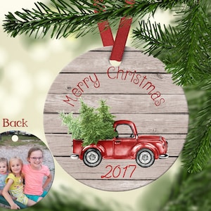 Custom ornament, RED TRUCK Christmas Ornament. Porcelain Personalized ornament, photo ornament, christmas truck, christmas memories