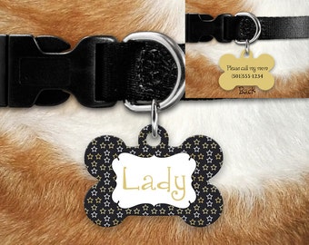 Black Gold Stars Dots Pet Tag Dog Tag, ID tag, 2 sided pet tag, personalized pet tag, aluminum pet tag, bone shape tag, custom pet tag