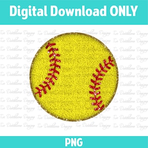 Op de afbeelding: Een gele softbal met rode naden en gouden glitter. De softbal is een digitale download, geen fysiek product.