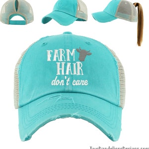 Mesh ponytail hat FARM Hair Don&#39;t care, embroidered poyntail hat, ponytail hat, cow, homestead, farm accessories, messy bun, gifts for her