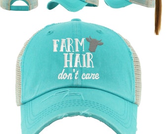 Farm Hair Don't Care Ponytail Hat, Embroidered Mesh Back