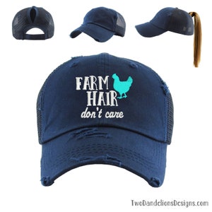 Mesh ponytail hat FARM Hair Don&#39;t care, embroidered hat, ponytail hat, Chicken, homestead, farm accessories, messy bun, gifts for her