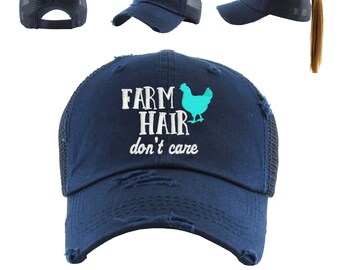 Pferdeschwanzhut FARM Hair Don't care, Bestickter Hut, Pferdeschwanzhut, Huhn, Gehöft, Bauernhof Accessoires, Messy Bun, Geschenke für sie