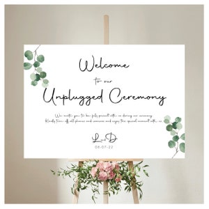 Digital Download Wedding Welcome to our unplugged ceremony Sign, Eucalyptus, Welcome to our wedding poster, Greenery, Botanical wedding