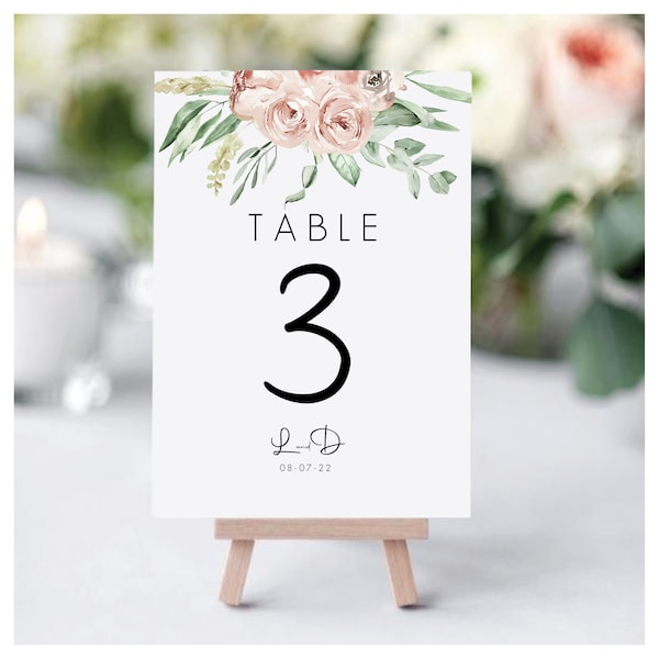 Wedding table number cards, table names, table cards, wedding table numbers, Blush pink rose, botanical, leaf design, country garden