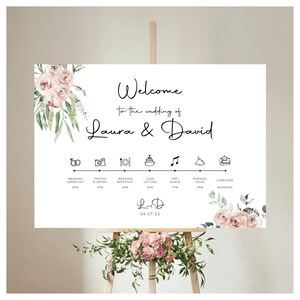 Panneau de bienvenue numérique téléchargeable pour l’ordre du jour du jour, Blush Rose Pink, Bienvenue sur notre affiche de mariage, Fleurs de jardin champêtre, pastel