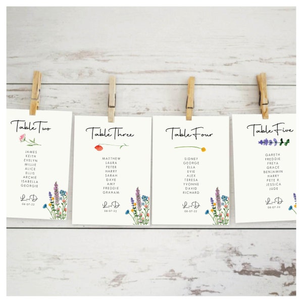 Wedding table plan cards. Wedding seating chart. Seating plan. Bright Wildflower, Summer Country Garden, botanical, table assignment
