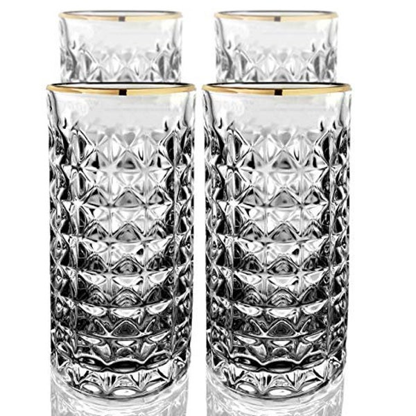 Gold Rimmed Highball/Lowball Collins Cocktail Glass Set | Drinking Glasses for Cocktails, Water, Juice, Iced Tea or Coffee