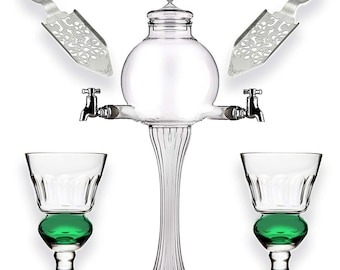 Absinthe Set - Glass Pearl Bubble Fountain Dripper with 2 Spouts, Absinthe Dripper Set, with 2 Reservoir Pontarlier Glasses and Sugar Spoon