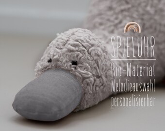Spieluhr Ente Bio-Plüsch hellgrau / Leinen grau / Melodieauswahl