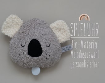Spieluhr Koala Bio-Plüsch grau & Leinen schwarz / Melodieauswahl