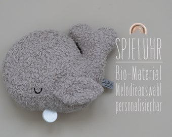 Spieluhr Wal Bio-Plüsch grau & Leinen grau / Melodieauswahl