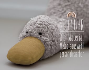 Spieluhr Ente Bio-Plüsch hellgrau / Leinen ocker / Melodieauswahl