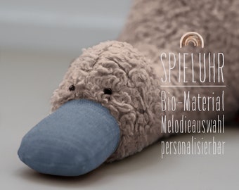 Spieluhr Ente Bio-Plüsch hellbraun / Leinen blau / Melodieauswahl