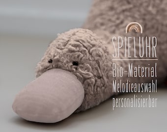 Spieluhr Ente Bio-Plüsch hellbraun / Leinen rosé / Melodieauswahl