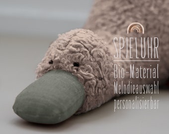 Spieluhr Ente Bio-Plüsch hellbraun / Leinen salbei / Melodieauswahl