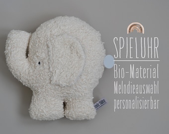 Spieluhr Elefant Bio-Plüsch naturweiß & Leinen blau / Melodieauswahl