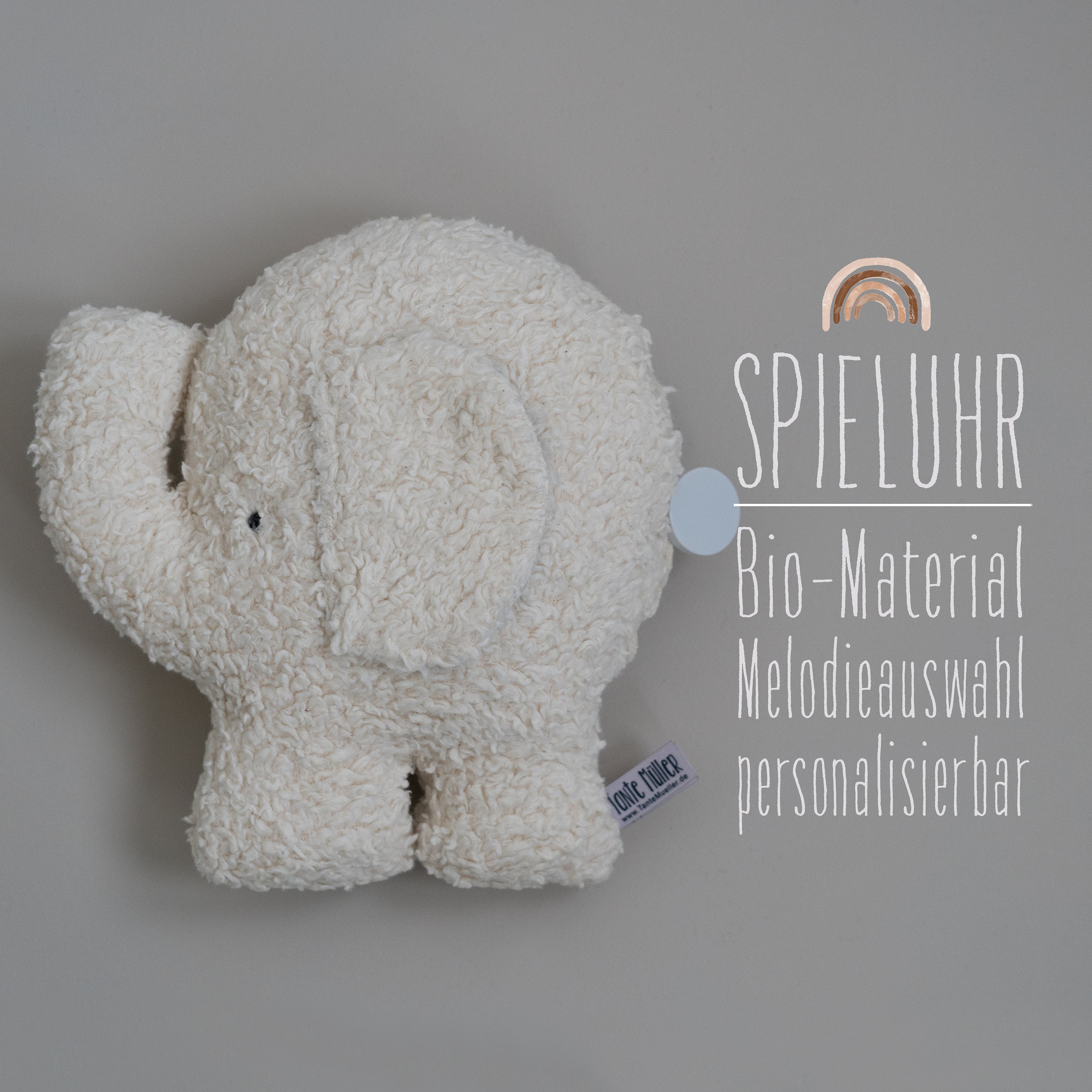 Music box elephant organic plush natural white & linen sage / melody selection