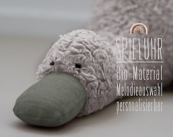 Spieluhr Ente Bio-Plüsch hellgrau / Leinen salbei / Melodieauswahl