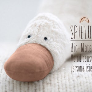 Music box duck organic plush natural white / linen cinnamon / choice of melody