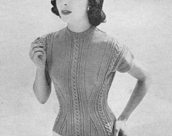 Lady's Tuck Slim Waisted Knitted Blouse Top - 3 ply - 1950s Vintage Ladies Knitting Pattern 35-36" Bust - Knitted in 3 ply Wool PDF Digital