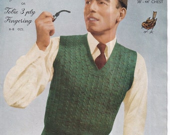 1940s Knitting Pattern for Men's Waistcoat Tank Top 3 ply Cable Sleeveless Pullover - 1950s PDF Download - 38" - 44"