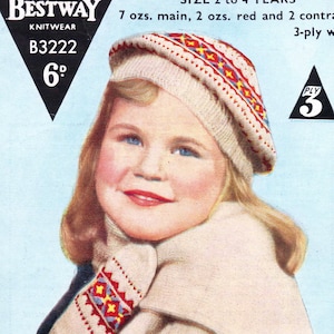以下が含まれることがあります： 子供用の帽子とマフラーのヴィンテージ編み物パターン。パターンは、赤と青のアクセントが付いた白い帽子と、幾何学模様のマッチングマフラーを特徴としています。パターンは2〜4歳用で、メインの糸7オンス、赤い糸2オンス、コントラストの糸2オンスが必要です。パターンは3プライのウール用です。