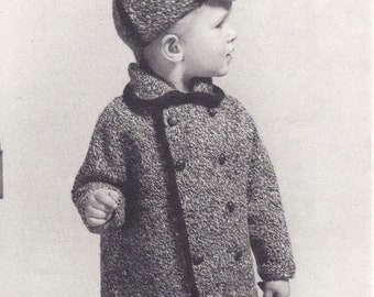 Child's 1960s Knitted Deerstalker Hat and Coat - PDF Digital Download English Knitting Pattern DK Double Knit Vintage Coat for Toddlers 27"