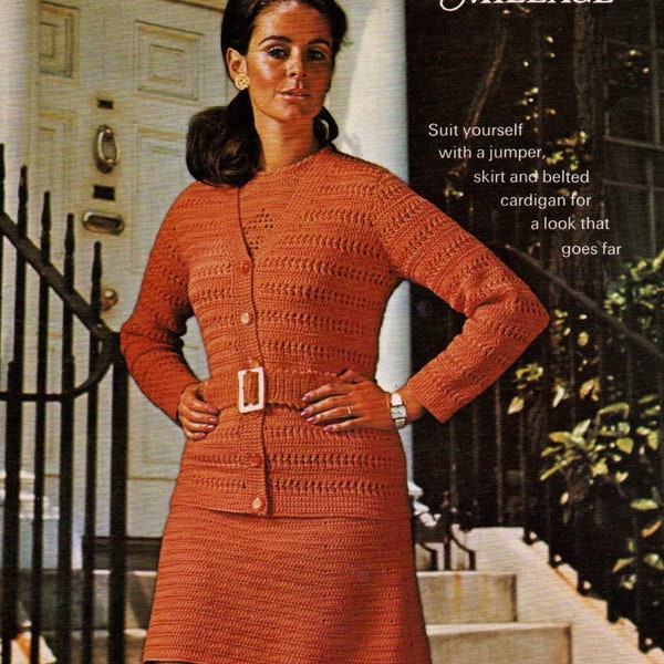 Three Piece Ladies 1960s Outfit Skirt Suit to Crochet - 1970s Retro - Size 34" to 40" - Sweater Cardigan Belt - Crochet Pattern PDF