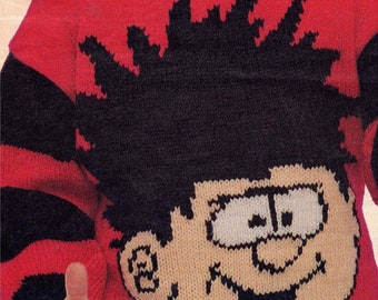Denis the Menace - Childs Adults Motif Jumper Sweater Knitting Pattern - 24" 26" 28" 30" 32" 34" 36" 38" 40" - Download PDF 1990s DK Beano