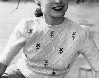 1940s Lady's Embroidered WWII Knitted Sweater - 3 ply From Original Vintage Knitting Pattern - Ladies Party Jumper 36" Bust PDF Digital