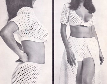 Festival Shorts, Bikini Bolero Top, Skirt - Crochet Pattern PDF - 1970s Retro Beach Hot Pants - Size 32" to 38" - RARE Ladies 70s Fashion