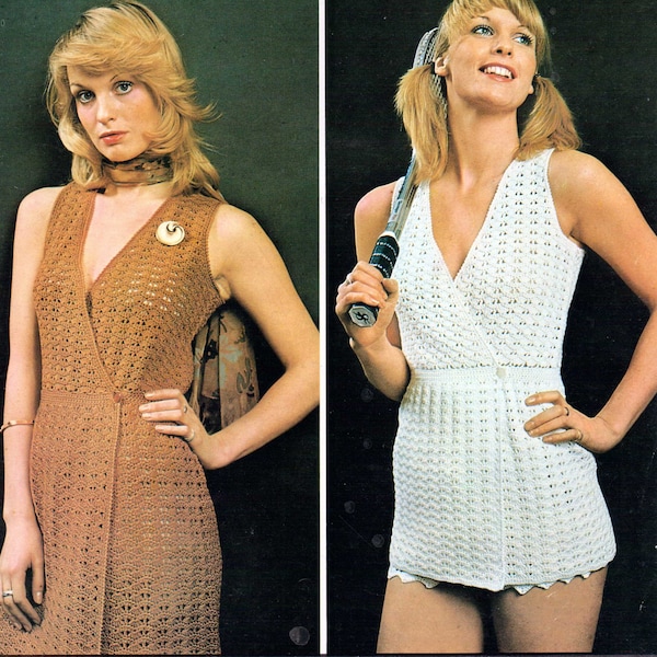 Crocheted Festival Wrap Tennis Sports Mini Dress - Crochet Pattern PDF - 1970s Retro Fashion - Size 34" to 38" RARE 70s Designer Dress Midi