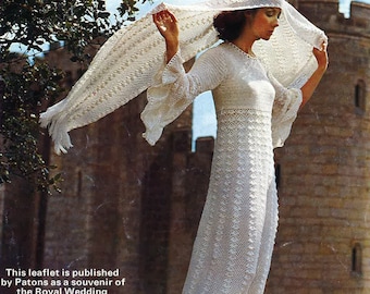 Patrón para hacer vestido de novia y estola de ganchillo - Retro de los años 80 - Boda real - Talla 32" - 37"