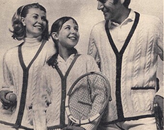 Vintage 1960s Knitting Pattern Family Sizes of Tennis Cardigan Cable - PDF Download 1969 Sports Fashion 30" 36" 40" sizes - adult & child