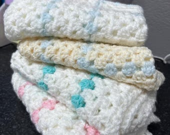 Handmade Doll's Pram Cot Blanket - Child's Toy - Choose - Granny Square Crochet Pastel White Blue Cream Coral Pink Crocheted Bed Cover