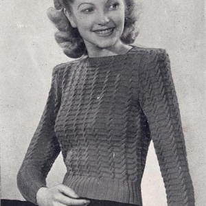 RARE 1940s Cabled  Jumper  Square Top Sleeves PDF Knitting Pattern Lady's 40s Knitwear - Ladies 32" - 34" Bust English Wartime 3 ply Pattern