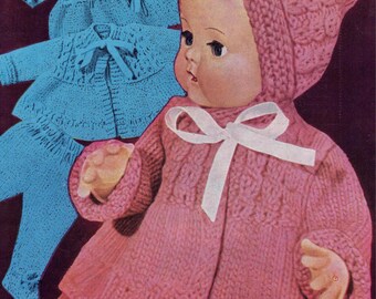 Vintage 50s Baby Doll Clothes for 16" Doll or Premature Baby - Knitting Pattern PDF 1950s - DK Dress Matinee Coat Bonnet Leggings Knickers