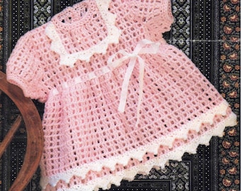Baby Girls Crochet Dress Pattern PDF Digital - 1970s 4 ply Babies Pretty Party Outfit - Size 18" 20" and 22" Lovely Design Short Sleeve