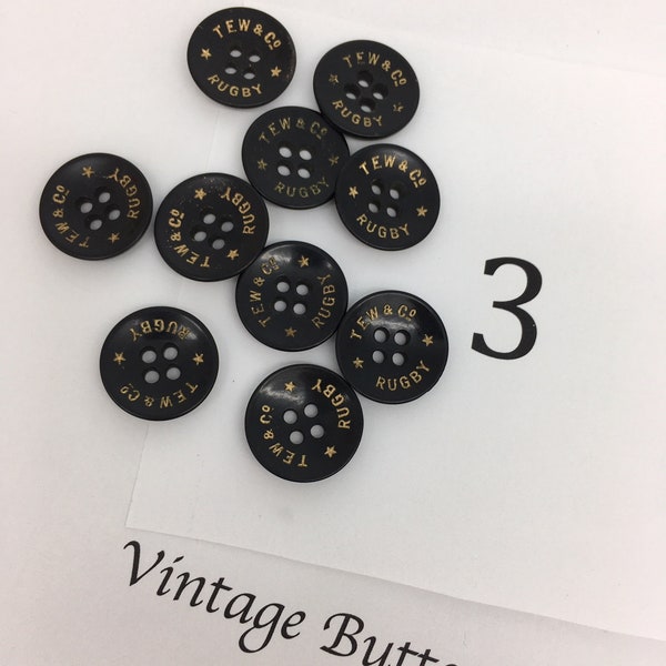 10 x TEW & Co Rugby Black 4 Hole Buttons, UK 18mm Buttons - Job Lot of Old Buttons