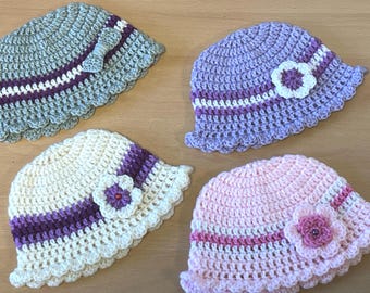 NEW Handmade Baby Hat Bonnet - Crochet Bucket Sun Hat - Choose Colour - Pink Purple Grey Cream
