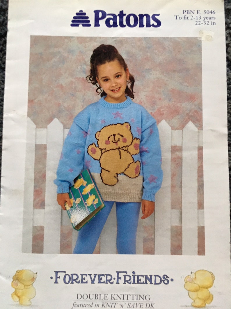 DK Jumper Sweater Size 22 to 32 Chest Patons PBN E5046 Original Forever Friends Teddy Motif Knitting Pattern UK Knitting