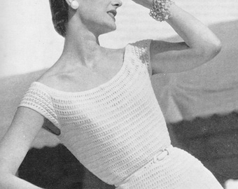 Bardot off the Shoulder Top Eyelet Stripe Top 1950s Knitting