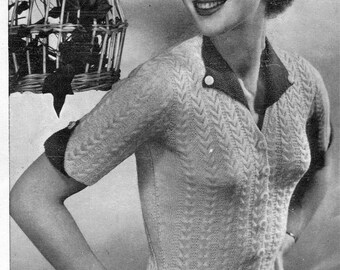 RARE 1940s Cable Cardigan Jumper with Detachable Contrast Cuffs & Collar PDF Knitting Pattern - Lady's 40s Knitwear - Ladies 32" - 34" Bust