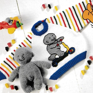 Baby&#39;s Sweater / Jumper & Jelly Babies Toy - DK Wool Knitting Pattern PDF Download - Colourful Grey Toy 0-5 years 18&quot; to 24&quot;