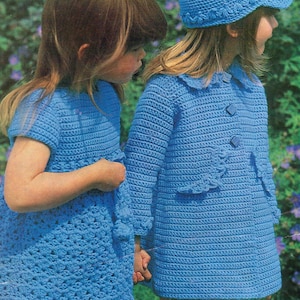 1960s Girls Pretty Matching Coat, Dress & Peak Cap Hat - Crochet Pattern PDF Digital - 60s DK Wool - Unusual Party Outfit 22-28&quot; Chest