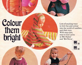 1960s Colour Them Bright - Knitting & Crochet Pattern Booklet - Fun Colourful Knits Toddlers 18" to 24" Chest Digital Download PDF 12 Pages