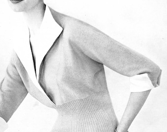 Patrón de tejido de suéter elegante de los años 50 con cuello y puños para damas: estilo Vogue glamoroso de dama vintage, busto de 32 a 38 pulgadas, PDF digital, moda de 1956